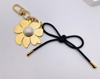 Gold Flower Bag Charm: Faux Pearl & Black Bow Purse Pendant
