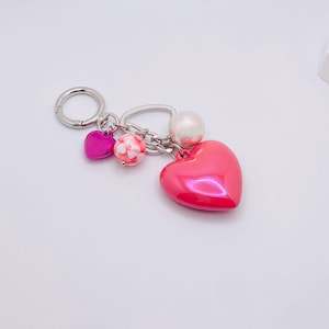 Pink Heart Bag Charm Keychain: Pearl & Candy Bead Purse Accessory