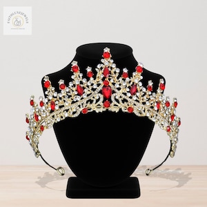 Wedding Bridal Red Crystal Gold Crown, Quinceanera Princess Red Christmas Tiara, Queen Stunning Look Crown, Birthday Prom Boho Tiaras