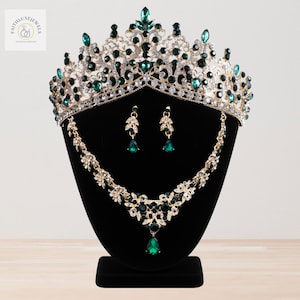 Wedding Bridal Green Gold Crown Set, Elegant Green Gold Necklace Earring Tiara, Pageant Crown, Tiara Set Her Queen Tiara, Bridesmaid Gift