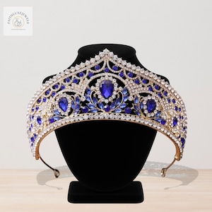 Green Gold Bridal Wedding Crown - Princess Gold Tiara -  Women Hair Jewelry - Red/Blue/ Green Rhinestone Crown - Quinceanera Crown Headband