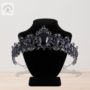 Bridal Black Rhinestone Silver Crown, Princess Black Tiara, Wedding Hair Accessory, Handmade Crown, Tiara for Women, Crystal Vintage Tiara