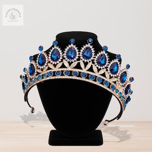 Royal Blau Gold Brautkrone - Elegante Blaue Saphir Strass Tiara - Festzug Krone - Frauen Haarschmuck - Geburtstag Geschenk