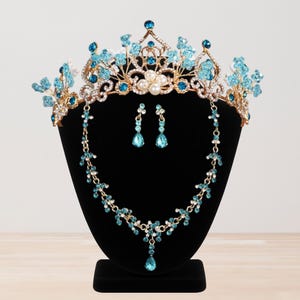 Sky Blue Princess Elegant Pearl Crystal Crown Set, Quinceanera Bridal Tiara Set, Women Hair Accessory, Wedding Necklace Earring Tiaras