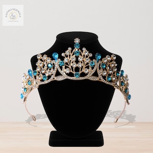 Baroque Sky blue Princess Bridal Crystal Crown - Elegant Blue Sapphire Quinceanera Tiara - Prom Beach Boho Bridal Shower Crown