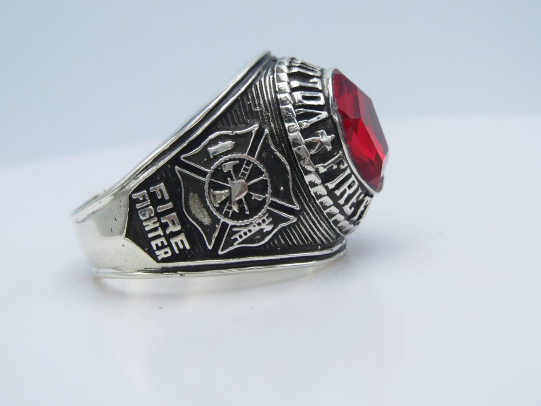 Handcrafted Sterling Silver Firefighter Ring, Red Stone - Etsy