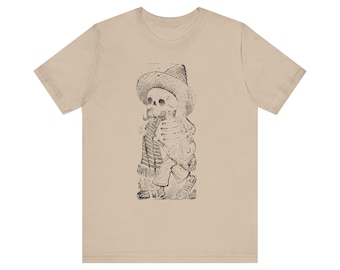 Calavera with Tequila and sombero.  SkeletonUnisex T-Shirt | Unique Art Tee, Skull Design, Casual Wear, Gifts for Halloween, Day of the Dead