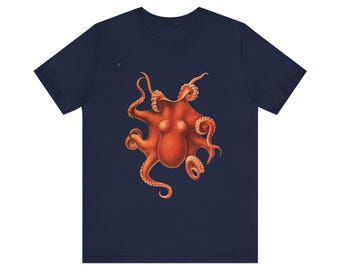 May include: A navy blue t-shirt with a graphic of an orange octopus with eight tentacles.