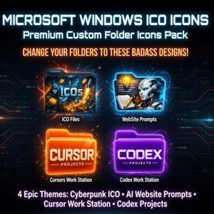 Pode incluir: Um pacote digital de ícones ICO para Microsoft Windows com quatro designs de pastas personalizados: ICO Files com tema escuro, WebSite Prompts com um robô e uma lâmpada, Cursors Work Station em laranja e Codex Work Station em roxo com bordas de neon brilhantes.