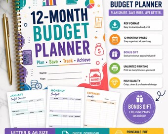 12 Month Budget Planner Printable | Letter + A6 | Instant Download