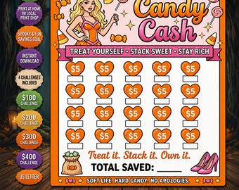 Candy Cash  halloween savings challenge printable, twisted tracker set, 4 page cash stuffing PDF
