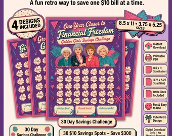 Golden Girls 30 Day Savings Challenge Bundle, 4 Printable Designs, 300 Savings Goal, (Digital Download)