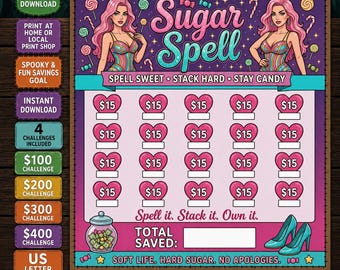 Sugar Spell halloween savings challenge printable, twisted tracker set, 4 page cash stuffing PDF