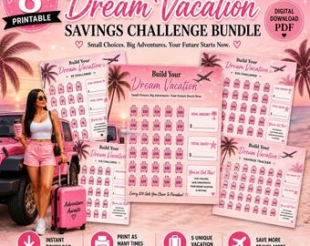 Dream Vacation Savings Challenge Bundle, 8 Designs, Travel Budget Tracker (PDF Download)