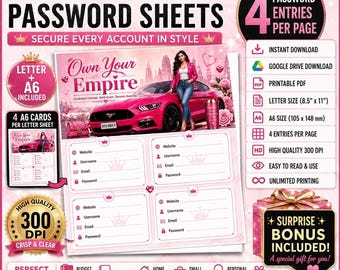 Password Tracker Printable Bundle | Pink Mustang Password Log, Letter & A6 Organizer ( Digital Download )
