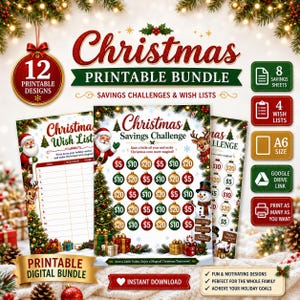 May include: A Christmas printable bundle featuring 12 designs, including savings challenges and wish lists. The graphics display Santa, reindeer, snowmen, and Christmas trees with red, green, and gold ornaments. Includes A6 size and digital links.