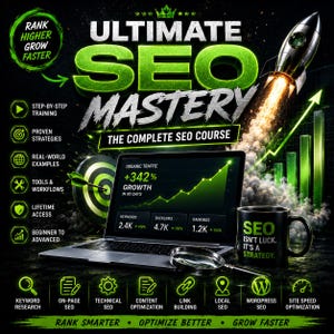 Puede incluir: Un gráfico digital para un curso de SEO titulado Ultimate SEO Mastery. Incluye un portátil con un gráfico de crecimiento, un cohete despegando, una diana y una taza negra con el texto SEO ISN'T LUCK. IT'S A STRATEGY. Iconos representan temas de SEO.