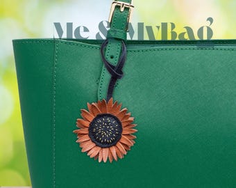 Sunflower Leather Bag Charm: Handmade Vegan Floral Keyring