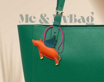Flying Pig Leather Bag Charm: Animal Keychain