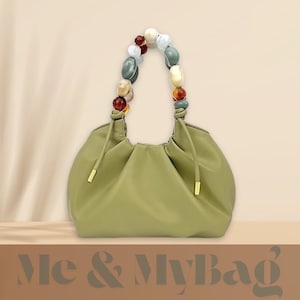 Green Leather Bag With Beaded Handle, Green Beaded Handle Handbag,Stylish Shoulder Bag with Colourful Beads,Unique Statement Purse for Women