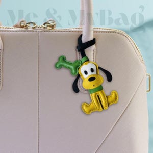 Pluto Dog Leather Bag Charm, Handmade Yellow Puppy Purse Accessory, Cute Cartoon-Inspired Keyring, Gift for Dog Lovers, Faux Leather Bag Tag