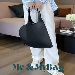 Black Heart-Shaped Leather Tote Bag – Vegan Leather Shoulder Bag, Statement Purse for Women, Minimalist & Trendy Handbag