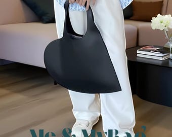 Schwarze Herz Tragetasche: Schultertasche aus veganem Leder, minimalistische Handtasche