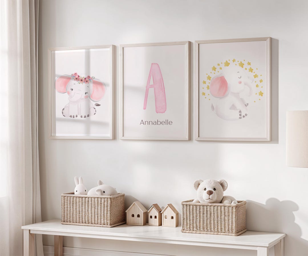 Pink Elephant Nursery Wall Art Set, Baby Girl Room Decor, Personalized ...