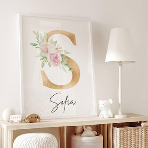 Custom floral initial wildflowers nursery Wall Art Print, Personalized name, Boho, Watercolor flower, Baby girl Nursery Decor, Name sign
