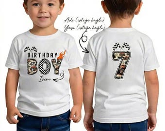 Chemise personnalisée d'anniversaire de voiture de course, tenue personnalisée pour le 7e anniversaire, t-shirt fête du drapeau à damier