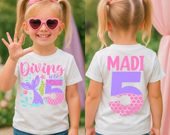Personalized Diving Into 5 Birthday Shirt, Mermaid 5th Birthday Shirt, Custom Name Fifth Birthday Mermaid Outfit