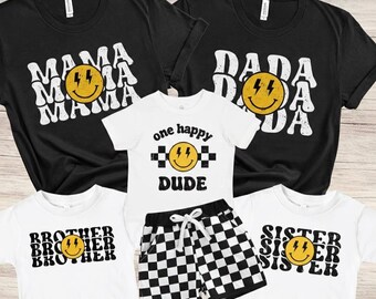 Retro Lightning Smiley Family Matching Birthday Shirts, Modern Checkered Party Outfits