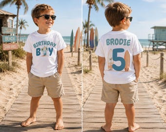Personalized Surf Birthday Boy Shirt, Beach Birthday Shirt, Coastal Birthday Outfit, Tropical Surf Birthday Tee for Kids