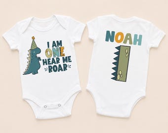 Personalized I Am One Hear Me Roar Dinosaur Bodysuit, Custom First Birthday Dinosaur Outfit, Name and Number Back Print Baby Bodysuit