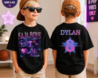 Chemise d'anniversaire Saja Boys personnalisée, t-shirt d'anniversaire personnalisé nom et âge K Pop, chemise de soirée Huntrix, tenue imprimée dans le dos