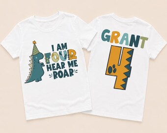 Personalized I Am Four Hear Me Roar Dinosaur Birthday Shirt, Custom 4th Birthday Dinosaur Outfit, Name and Number Back Print Tee