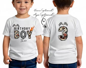 Chemise personnalisée d'anniversaire de voiture de course, nom personnalisé pour l'âge de 3 ans, tenue de fête avec drapeau à damier