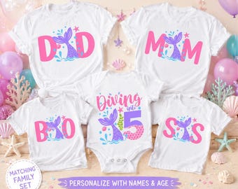 Personalized Mermaid Birthday Family Shirts, Diving Into 5 Matching Family Set, Custom Mom Dad Brother Sister Birthday Shirts