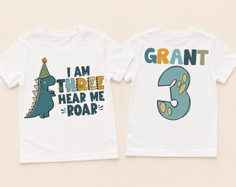 Personalized Three Hear Me Roar Dinosaur Birthday Shirt, Custom Dinosaur 3rd Birthday Shirt, Dino Birthday Boy Outfit