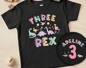Personalized Three Rex Girl Shirt with Back Name and Age, Custom 3rd Birthday Dinosaur Outfit for Toddlers, Pastel Dino Theme Two Sided Tee