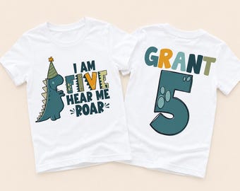 Personalized I Am Five Hear Me Roar Dinosaur Birthday Shirt, Custom 5th Birthday Dinosaur Outfit, Name and Number Back Print Tee