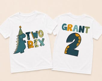 Personalized Two Rex Dinosaur Birthday Shirt, Custom 2nd Birthday Dinosaur Outfit, Name and Number Back Print Tee