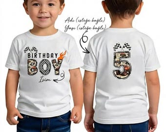 Chemise d'anniversaire de voiture de course personnalisée, tenue de 5e anniversaire avec nom personnalisé