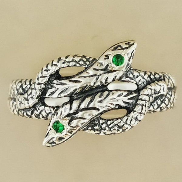 Gewickelter Zwillings-Schlangenring mit Edelsteinen aus 925 Sterling Silber, Geburtsstein Schlangenring, handgemachter Schlangenschmuck, Mid Century Retro Schlangenring