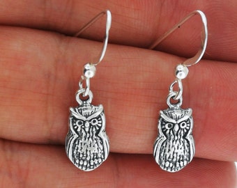 Owl Charm Earrings in Sterling Silver or Antique bronze