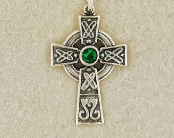 Small Celtic Cross with Gemstone in Sterling Silver or Antique Bronze, Irish Cross Pendant, Gemstone Cross