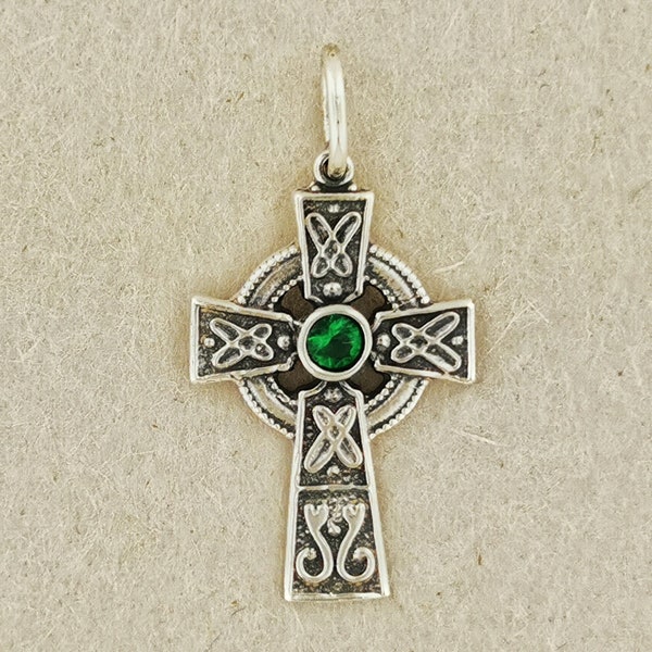 Small Celtic Cross with Gemstone in Sterling Silver or Antique Bronze, Irish Cross Pendant, Gemstone Cross