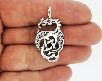 Celtic Knotwork Dragon in Sterling Silver with Gemstone Eye, Gemstone Dragon Pendant Neklace, Gemstone Dragon Jewelry, Celtic Jewelry