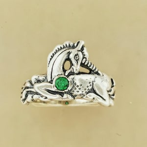 Sterling Silver Unicorn Ring Birthstone Design Vintage Style Fantasy Jewelry Gift Idea Mythical Creature Accessory Magical Collection Dainty Size Everyday Wear Perfect Present Birthday Celebration Quality Silver Construction Faceted Stone