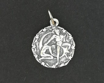 Zodiac Medallion Gemini in Sterling Silver or Antique Bronze, Vintage Style Zodiac Medallion, Mid Century Zodiac Charm Pendant